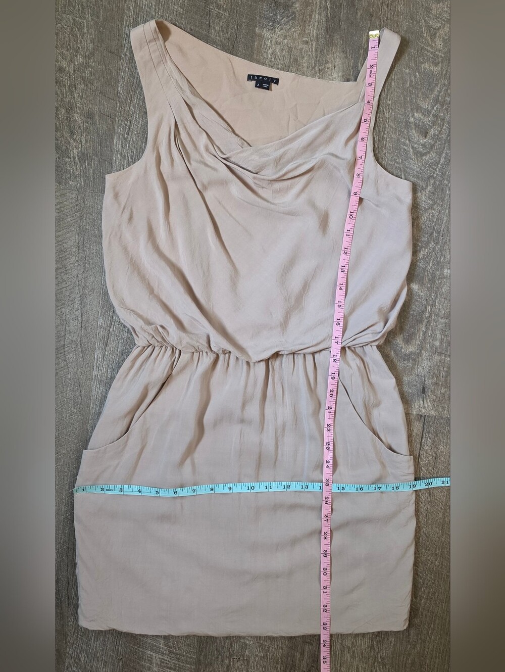 Theory Jaylyn Sleeveless Drape Neck Midi Dress Womens M Taupe Pockets Minimalist - Picture 9 of 11